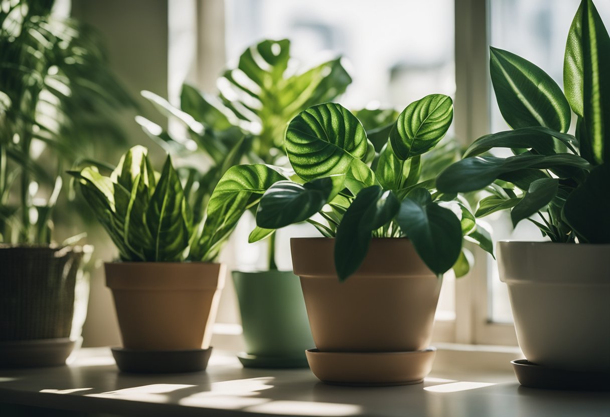 Plantas de interior verdes e luxuriantes dispostas em um parapeito de janela, com a luz do sol entrando e projetando sombras suaves nas superfícies ao redor.