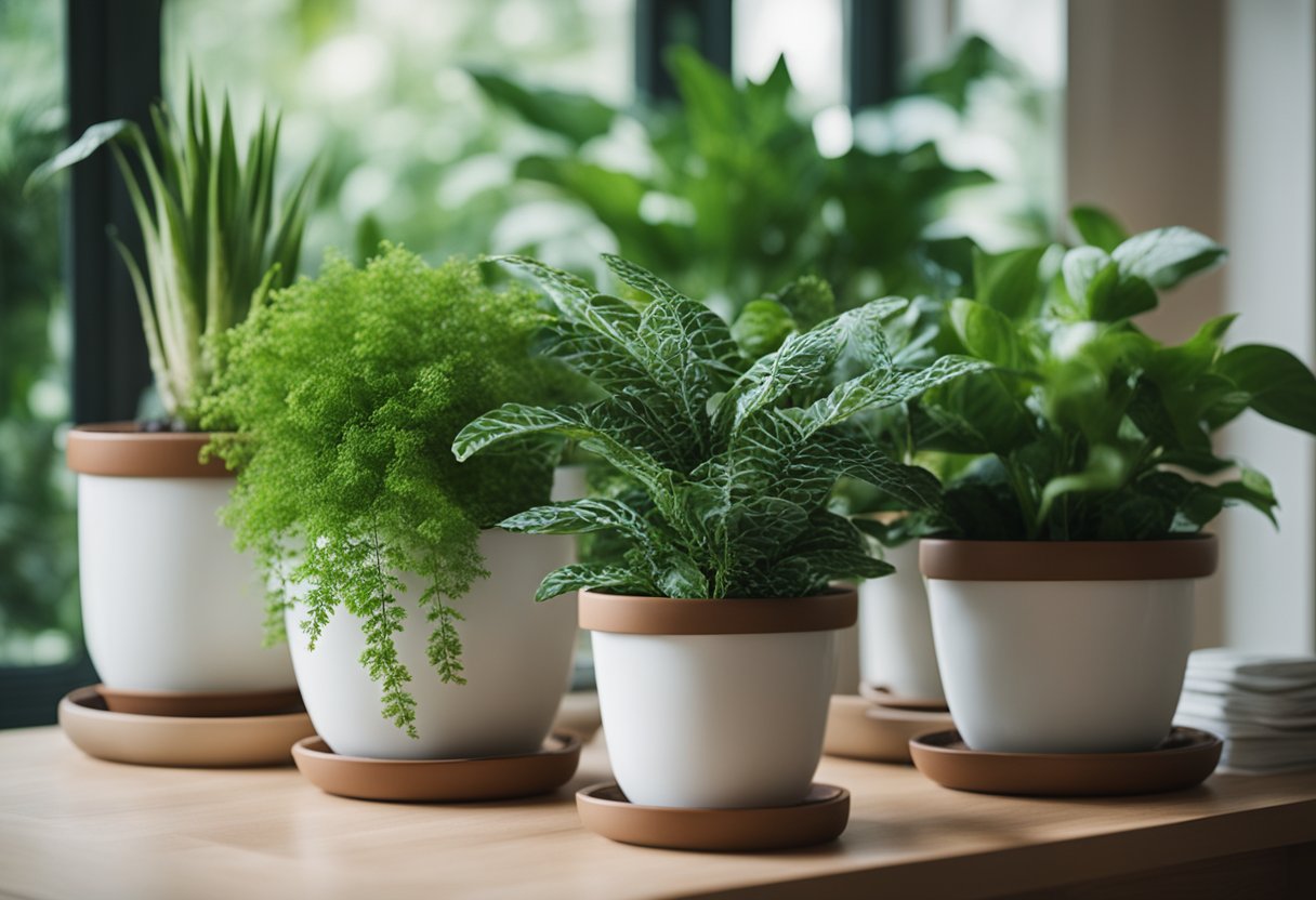 Plantas verdes exuberantes em vasos decorativos adornam o interior de uma casa aconchegante, adicionando um toque de beleza natural ao espaço de convivência.