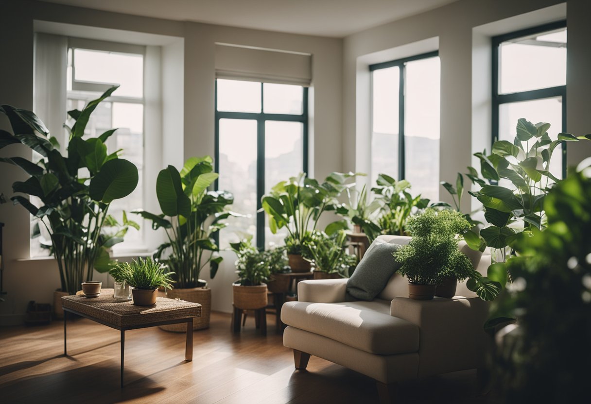 Uma sala de estar aconchegante com uma variedade de plantas de interior. Algumas mostram sinais de doenças comuns das plantas, enquanto outras estão prosperando. Uma pessoa cuida cuidadosamente das plantas doentes com remédios orgânicos.