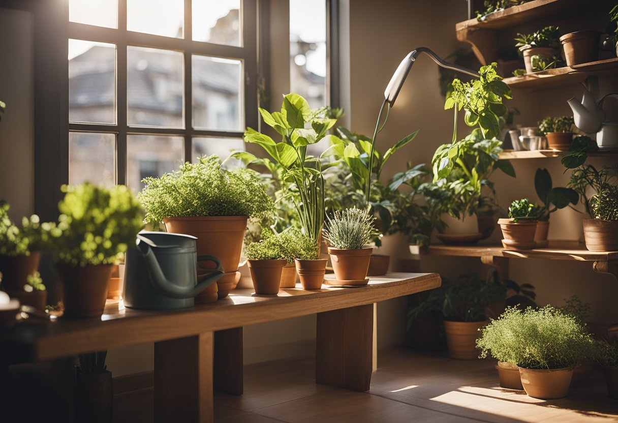 Uma sala de estar aconchegante com a luz do sol entrando pela janela, plantas em vasos dispostas em prateleiras e mesas, um regador e ferramentas de jardinagem por perto.