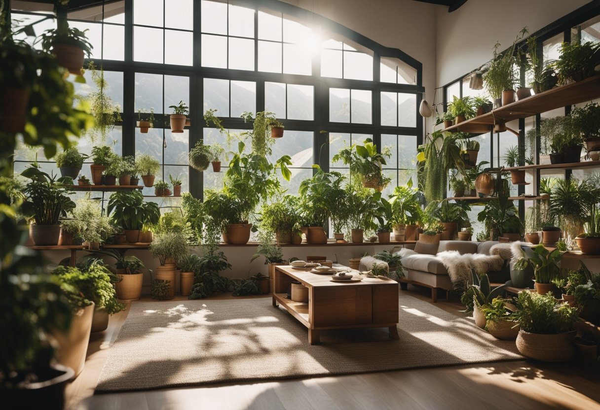 Uma sala de estar aconchegante com grandes janelas, cheia de várias plantas em vasos de diferentes tamanhos e formas, colocadas em prateleiras, mesas e penduradas no teto. A luz do sol filtra-se através da folhagem, criando um sereno jardim interno.