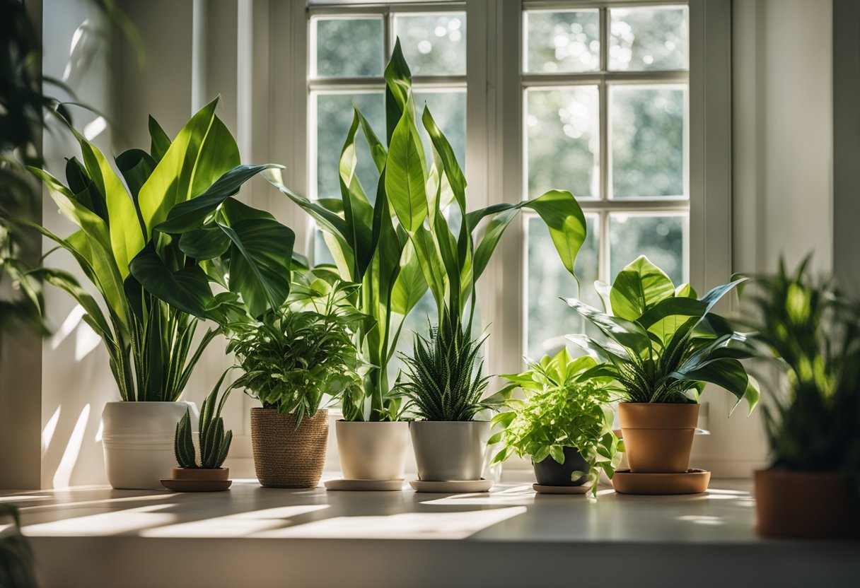 Uma sala de estar aconchegante com uma variedade de plantas de casa fáceis para iniciantes, como plantas cobra, pothos e lírios da paz, dispostas em prateleiras e mesas. A luz do sol entra pelas janelas, projetando sombras suaves sobre a vegetação.