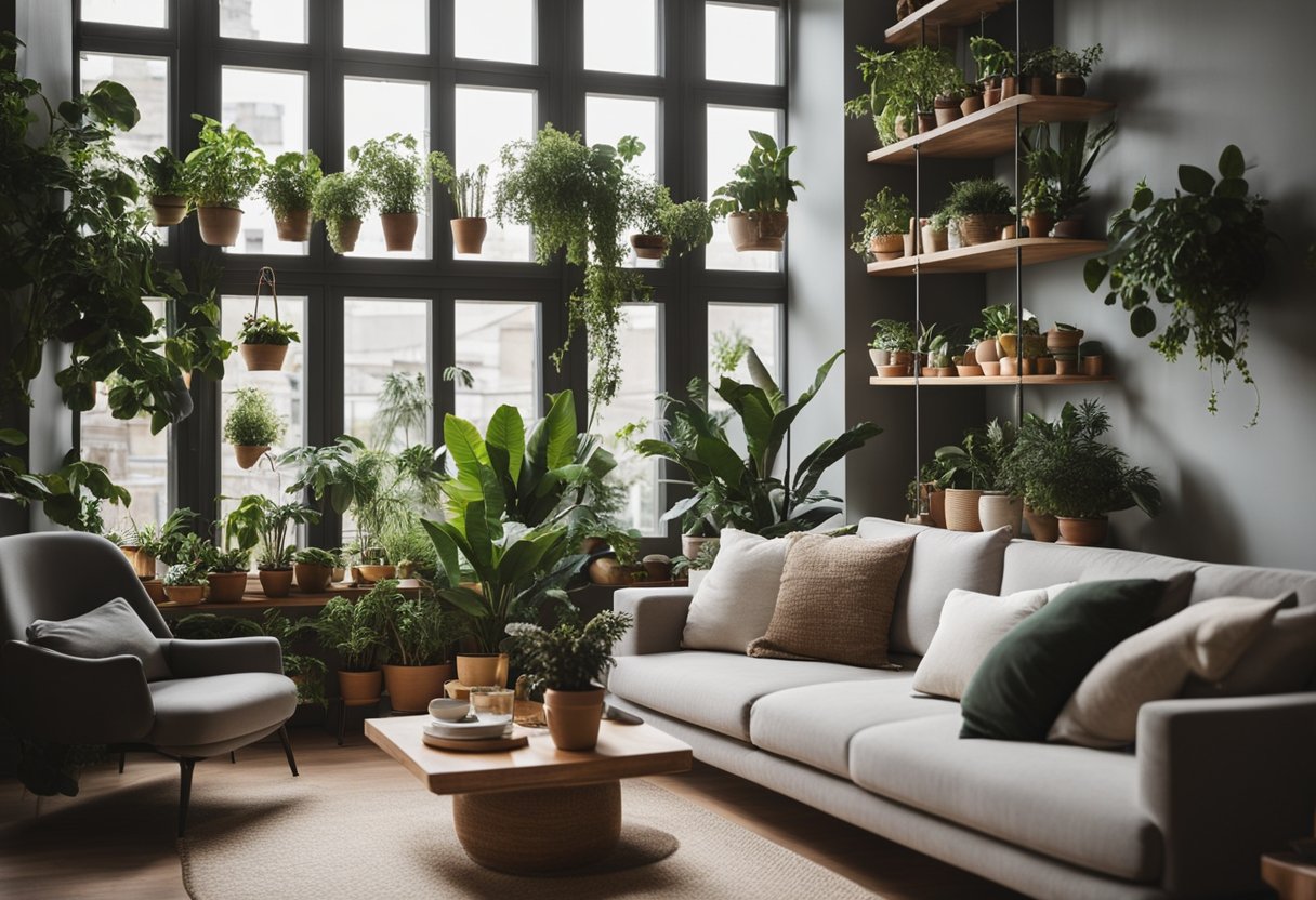 Uma sala de estar aconchegante com várias plantas em vasos colocadas em prateleiras, mesas e peitoris de janelas, trazendo um toque de natureza para dentro de casa.