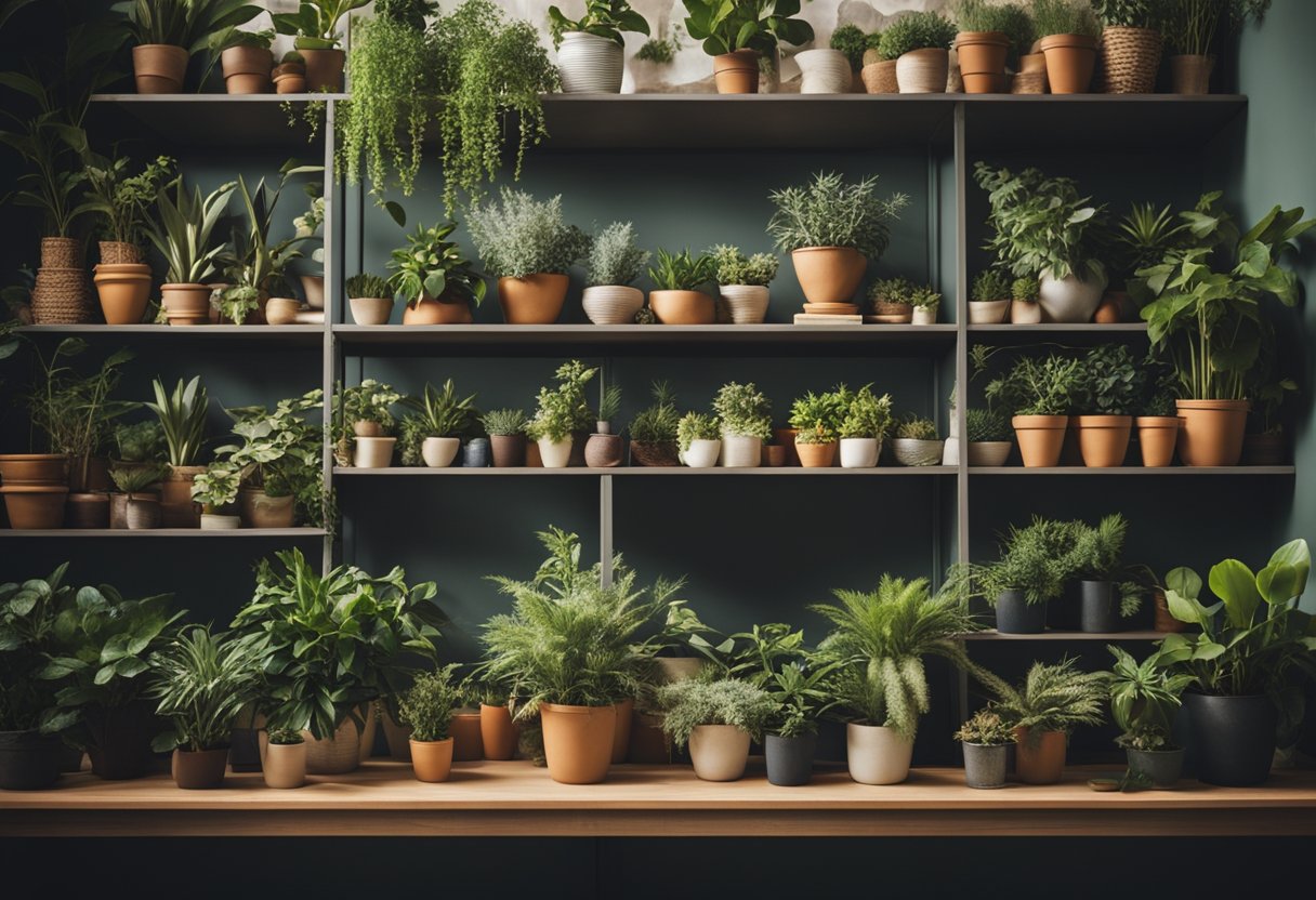 Uma cena interna aconchegante com uma variedade de plantas em vasos dispostas de forma organizada em prateleiras e mesas, criando uma atmosfera exuberante e convidativa.