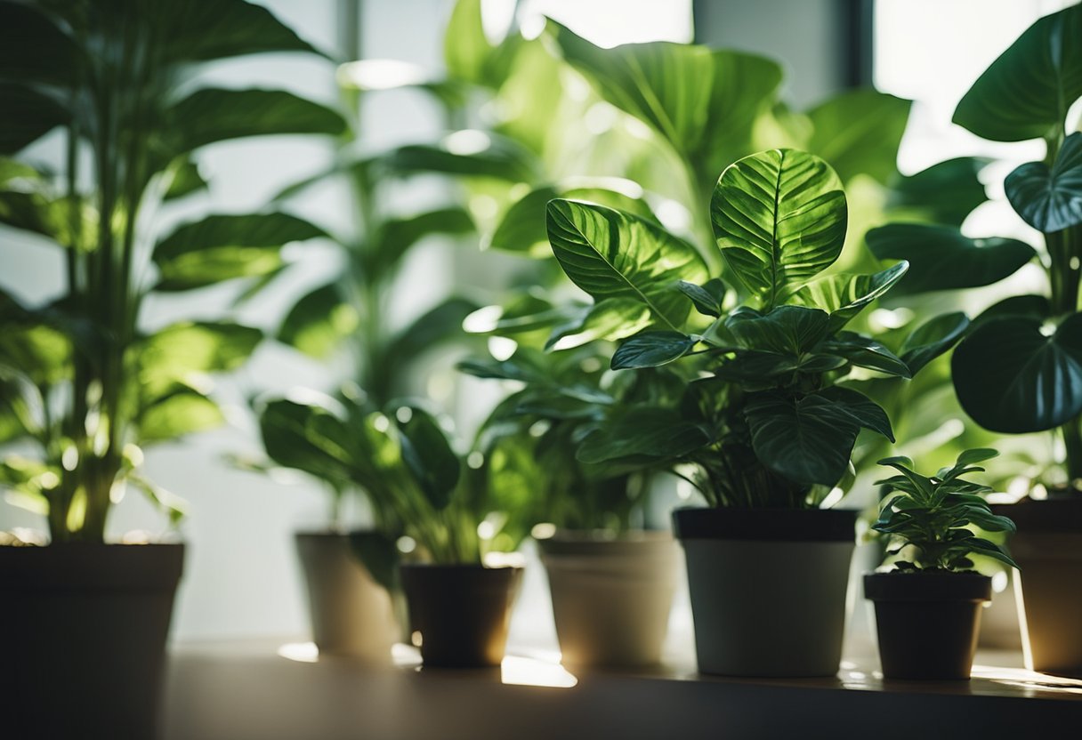 Plantas de casa verdes e exuberantes preenchem um cômodo iluminado pelo sol, com uma variedade de tamanhos e formas criando uma atmosfera vibrante e natural.