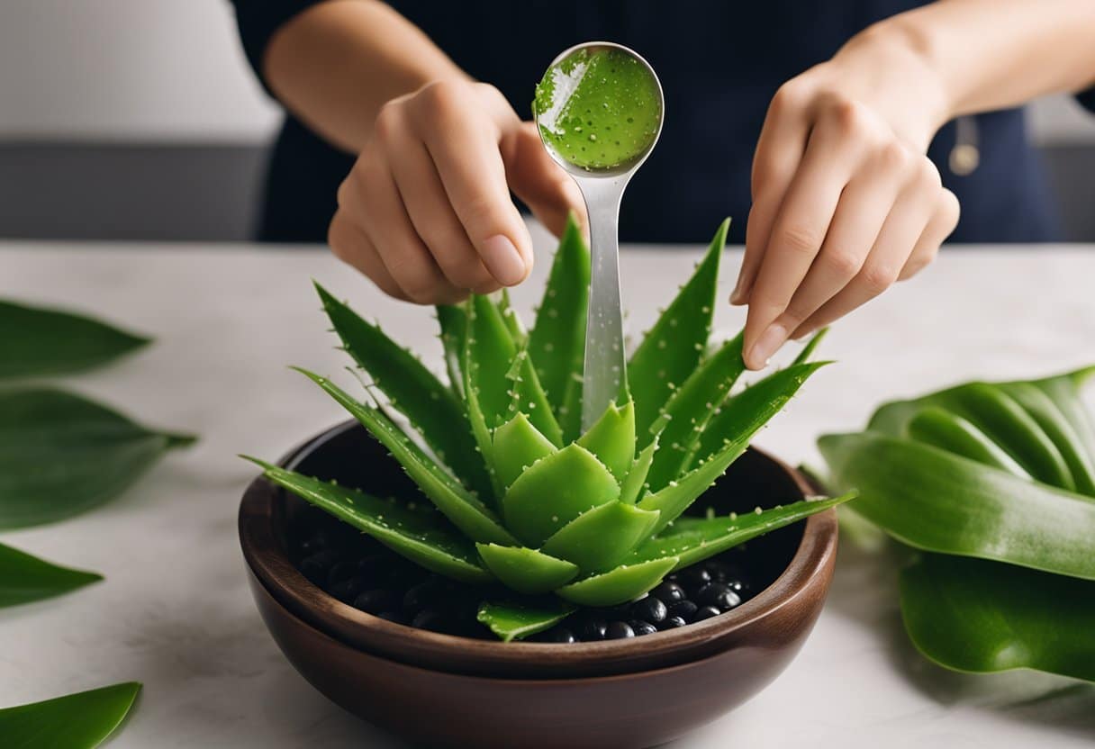 Uma mulher aplicando aloe vera em seu cabelo, usando uma colher para retirar o gel de uma folha e massageando gentilmente no couro cabeludo.