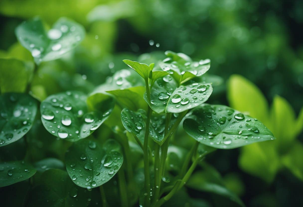 Uma planta de babosa com folhas grossas e carnudas cercadas por gotas de água, contra um fundo de vegetação exuberante.