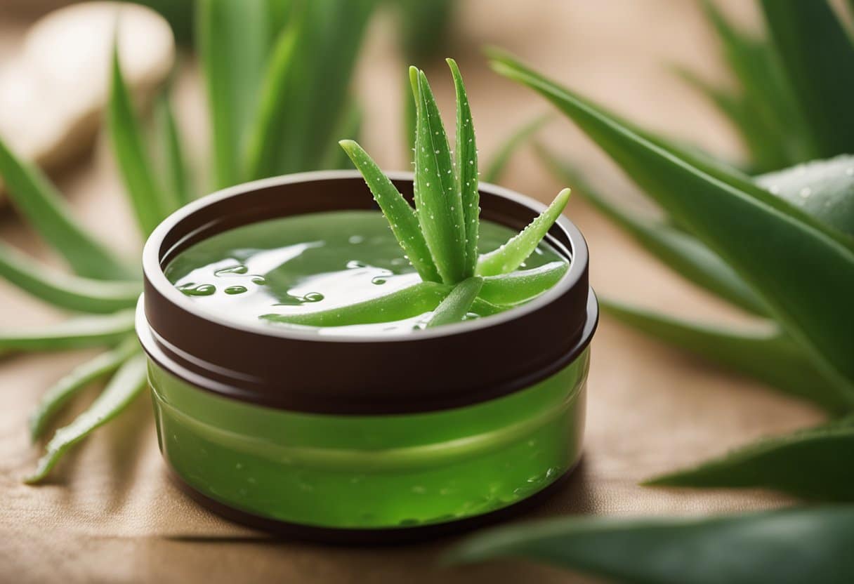 Aloe vera sendo aplicada na pele, com folhas de aloe e um recipiente de gel de aloe nas proximidades